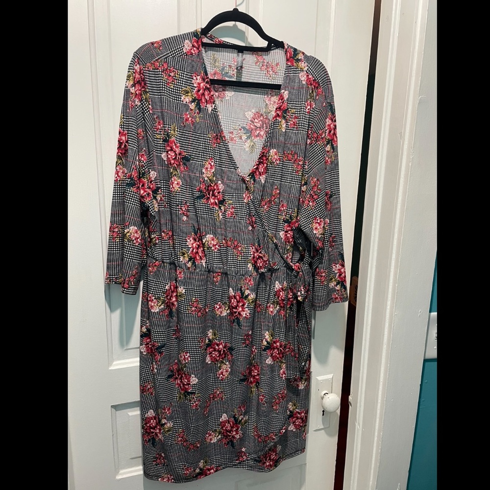 Floral and plaid wrap dress